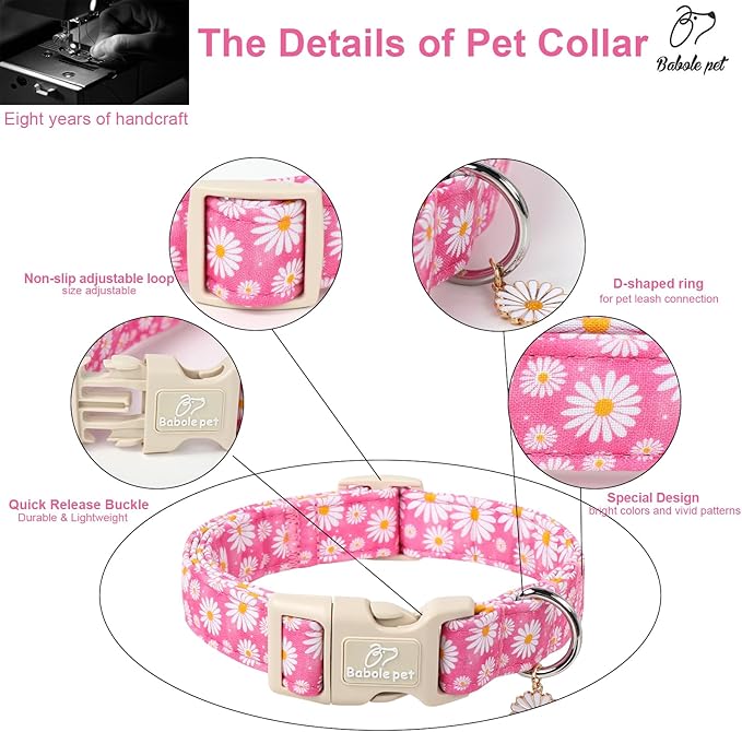 Summer Daisy Dog Collar, Cute Floral Adjustable Pink Dog Collars for Small Dogs, Lightweight Quick-Release Buckle Collar for Boy&Girl Dogs S