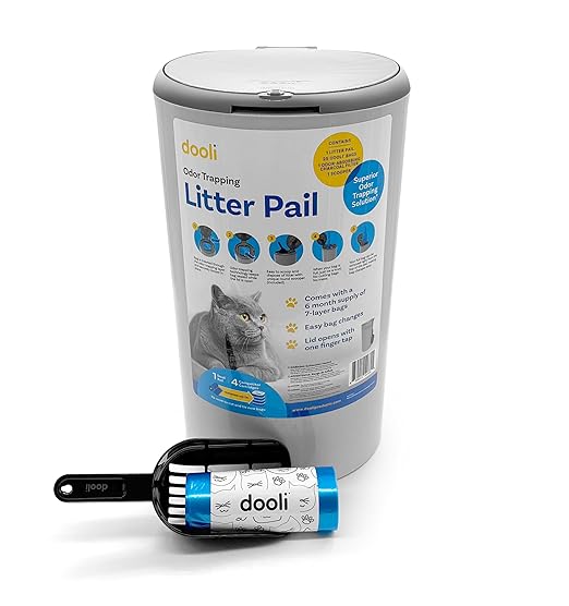 Odor Trapping Litter Pail – Odorless Cat Litter Pail with Lid & 6 Month Supply of Refill Bags and Scooper– One-Finger Tap Lid Opening