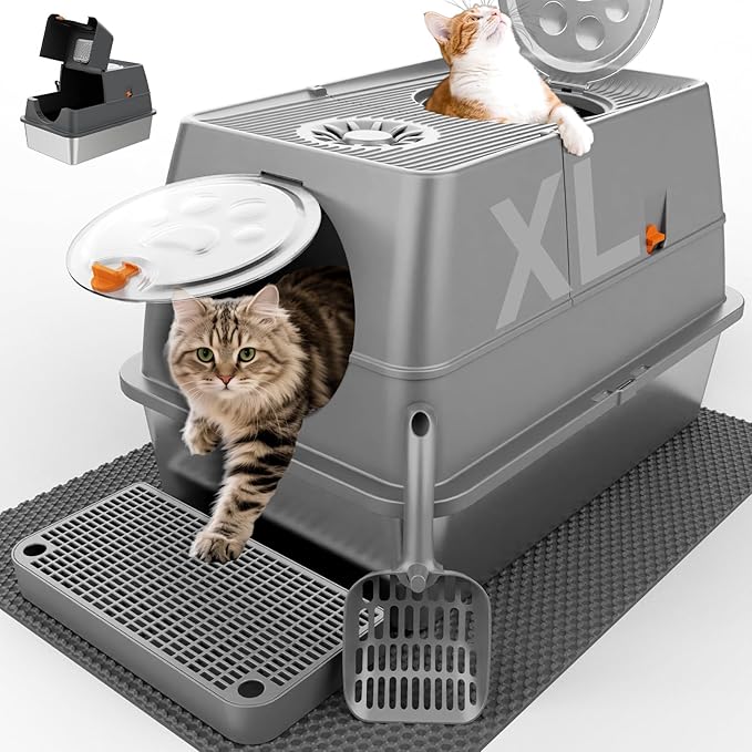 Stainless Steel Litter Box with Lid XL Extra Large Litter Box Enclosed Top Entry Metal Litterbox for Big Cats Easy Cleaning Anti-Leakage & High Sided with Mat Aisle & Scoop, Dark Grey