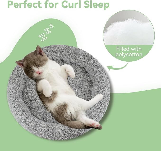 LESYPET Cat Bed for Indoor Cats, Small Pet Bed Curl Sleep Cushion with Raised Pillow Around, Non-Slip Bottom Washable Pet Beds Mat for Small Pets Rabbit Hamsters, Round Diameter 11.8"