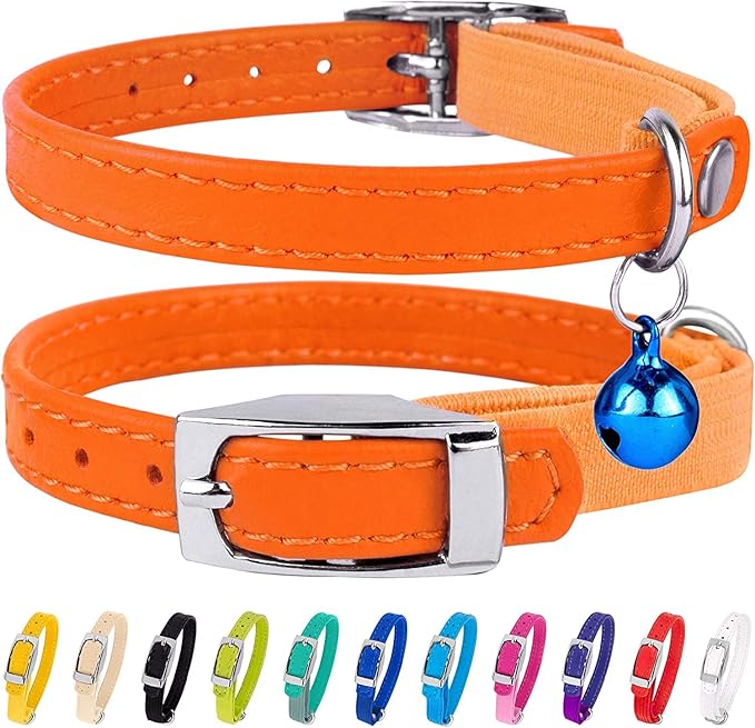 CollarDirect Leather Cat Collar, Kitten Collar with Removable Bell Black Blue Red Orange Lime Green (8-11 Inch, Orange)