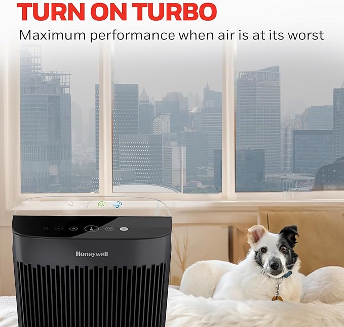 Honeywell HEPA Air Purifier for Home, 938 Ft² Rooms in 1 Hour, Turbo Clean, Reduces Allergens, Dust, Pollen, Pet Dander, All Smoke Types, Odors, Black, HPA5100B