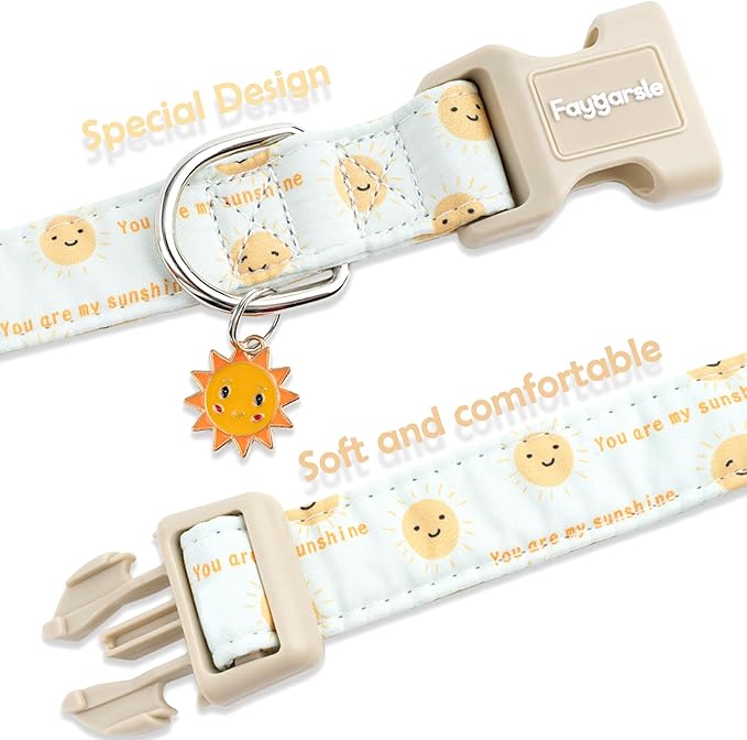 Faygarsle Sunshine Pattern Dog Collar, Adjustable Cotton Fabric, Cute Design for Small Medium Large Dogs L