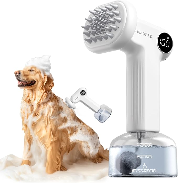 Electric Dog Shampoo Dispenser with Shampoo Brush, Shampoo Foamer for Dogs Bathing, Massaging and Grooming, Two Foaming Modes, Rechargeable Dog Foam Sprayer for Short and Long Haired Pet