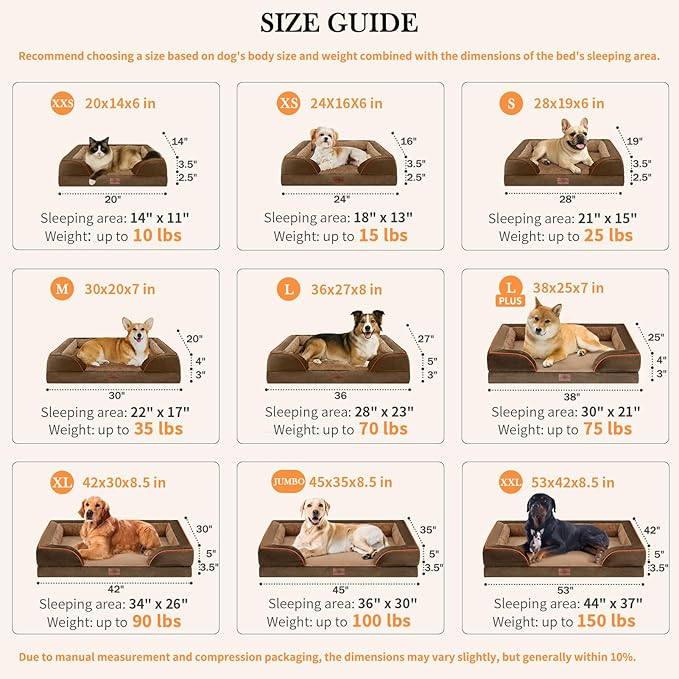Comfort Expression Orthopedic Dog Bed for Extra Large Dogs 42x30 Inch, Waterproof Supportive Egg Crate Foam XL Pet Bed with Removable Bolsters, Dog Couch with Washable Cover & Non-Slip Bottom, Brown