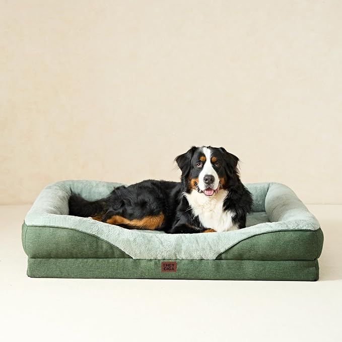 EHEYCIGA Orthopedic XL Dog Bed for Large Sized Dog, 48x35x7.5 Inch Extra Large Memory Foam Dog Couch Bed with Sides, Waterproof Liner & Washable Removable Cover, Bolster Pet Sofa, Green