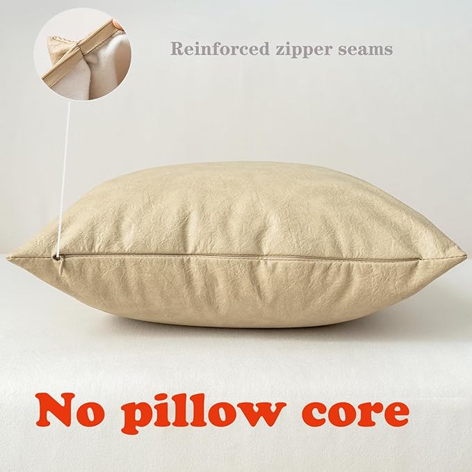 Oversized Vintage Decorative Pillow Covers, Pack of 2 Soft Rustic Abrasion Leather Throw Pillow Covers, for Home Decor Outdoor Waterproof Pet Hair Resistant Cushion Cover 26x26 inch Beige