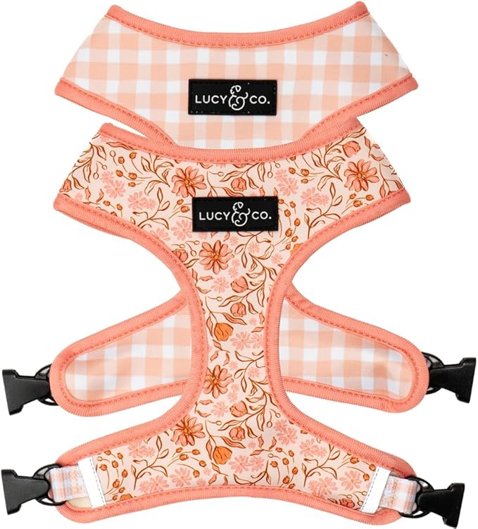 Lucy & Co. Cute Reversible Dog Harness Walking Halter - Best Designer Pet Harnesses for XS - XL Dogs - Padded Adjustable Vest for Easy Walking-Large-Peach Pink Floral Plaid