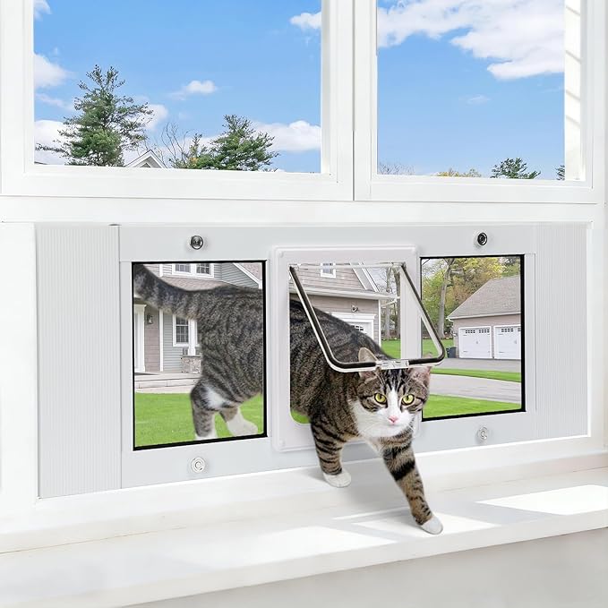 Full Size Window Pet Door for Cats & Small Dogs 31"-36" Various Sliding Windows, 4 Flexible Locking Modes, High-Definition, high-Transparency cat Door for Windows, Magnetic Reset Design