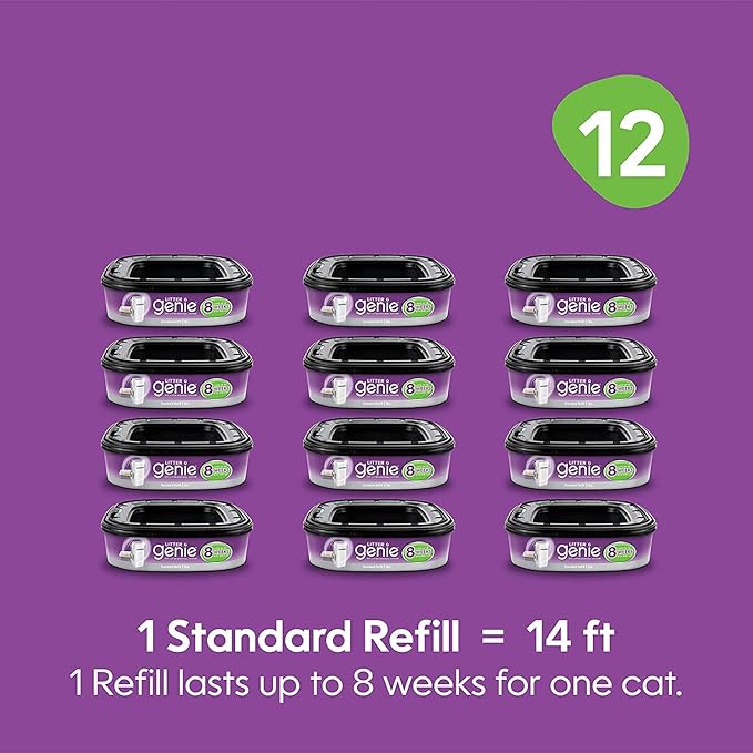 Litter Genie Ultimate Cat Litter Disposal System Refills, Lock Away Odors, Purple,12 Cartridges