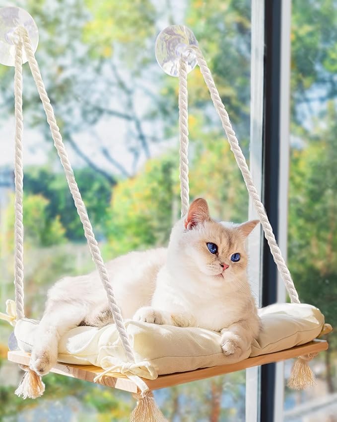 Cat Window Perch with Industrial-Grade Suction Cups - Solid Pine Wood Hammock Bed, Soft Cushion - 42 lb Capacity for Cats Inside