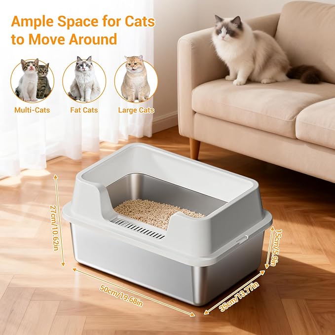 Stainless Steel Litter Box, XL Enclosed Cat Litter Boxes with Lid for Big Cats and Multi-Cats, High Sided, Anti-Urine Leakage Non-Stick Bottom Include Scoop Easy to Clean