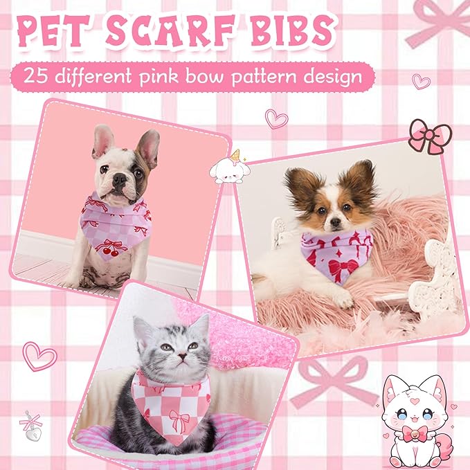 Kacctyen 50 Pcs Pink Dog Bandanas Bulk Spring Bandana for Dogs Grooming with Aesthetic Bowknots Pattern Adjustable Scarf Bib Washable for Small Medium Large Puppy Cats Pets Costume Accessories