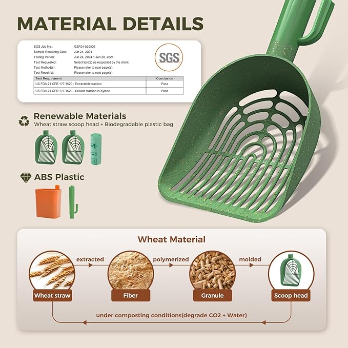 Cactus Cat Litter Scooper with Holder - 2 Replaceable Wheat Straw Plastic Shovels & ABS Handle and Box - Cat Litter Scoop with Bag & Trash Bag Storage - Premium Kitty Litter Scoop Green
