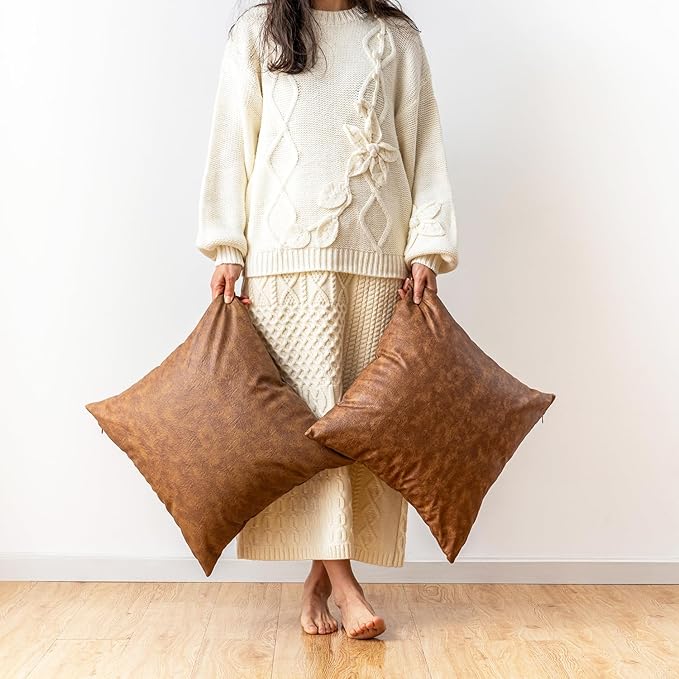 Oversized Leather Pillow Covers Vintage Decorative, Pack of 2 Square Rustic Abrasion Floor Cushion Covers, for Home Decor Outdoor Waterproof Pet Hair Resistant Pillow Covers 26x26 inch Brown