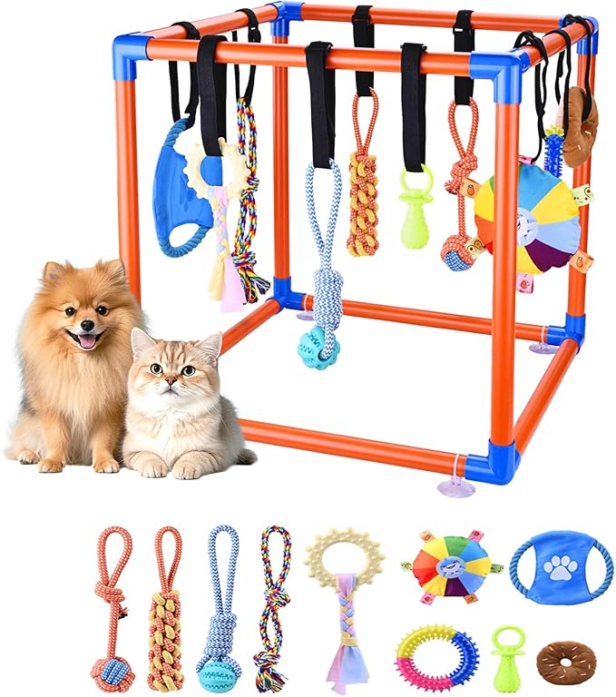 Puppy Play Gym for Small Dogs with 10 Hanging Squeaky Toys - Indoor Enrichment Activity Center with Climbing, Sliding & Interactive Toys, Jungle Gym for Puppy Play