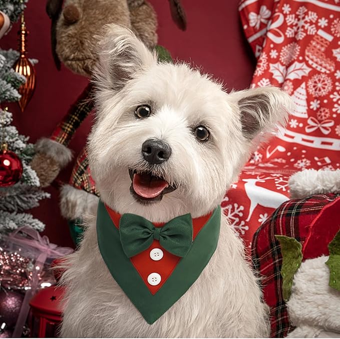 FUAMEY Dog Tuxedo Christmas for Large Dogs,Dog Formal Suit Dogs Attire Pet Bow Tie Puppy Party Costumes Cat Tux Outfits Pets Bandana Cosplay Adjustable Bowties Christmas Green Red XL
