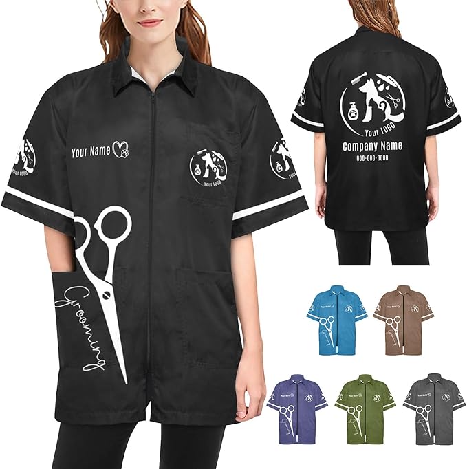 Custom Pet Grooming Jackets with Logo Text, Personalized Dog Salons Groomer Smocks, Unisex Waterproof Workwear