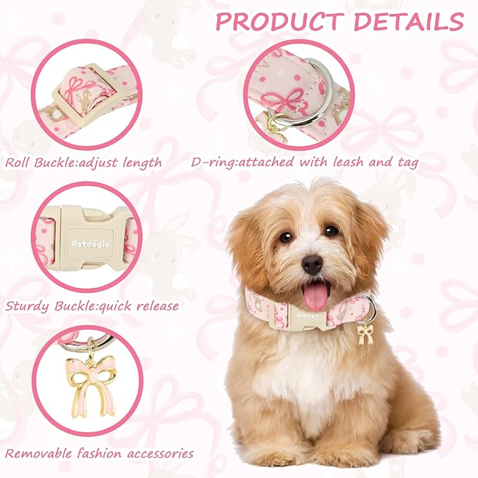 Easter Dog Collar, Spring Pink Dog Collar with Pink Bow & Rabbit, Adjustable Cotton Puppy Collars Girl Boy Collar for Small Medium Large Dogs -M