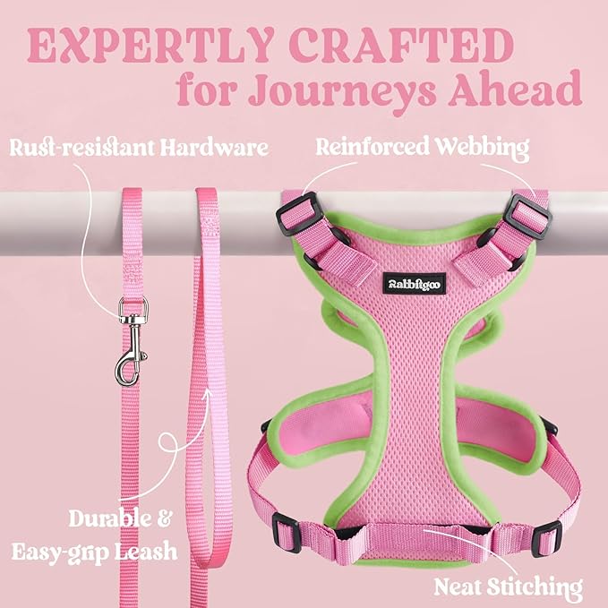 rabbitgoo Cat Harness and Leash for Walking, Escape Proof Soft Adjustable Vest Harnesses for Cats, Easy Control Breathable Reflective Strips Jacket, Pink&Light Green, S