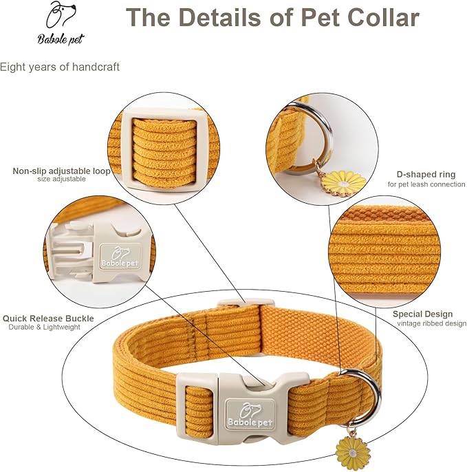Cute Corduroy Dog Collar - Mustard Yellow Adjustable Dog Collars for Small Dogs 10-25lbs, Fade-Proof with Secure Snap & Little Charm, Christmas Birthday Gift, S