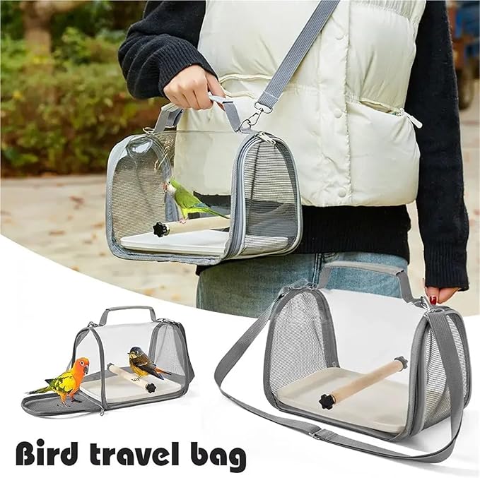 Portable Bird Travel Carrier for Small Birds and Parrots - Wooden Cage with Side Perch, Soft Mat, and Mesh Window Accessory