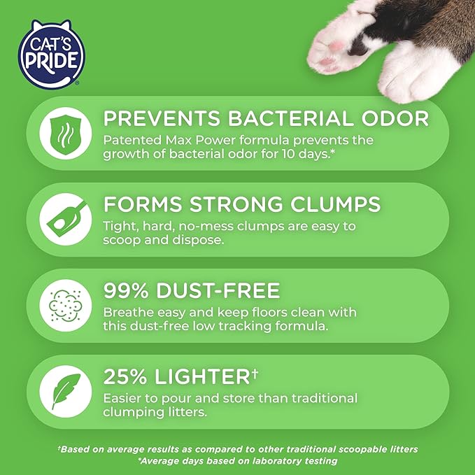 Cat's Pride Max Power: Bacterial Odor Control - Up to 10 Days of Powerful Odor Control - Strong Clumping - 99% Dust Free - Multi-Cat Litter, Scented, 15 Pounds