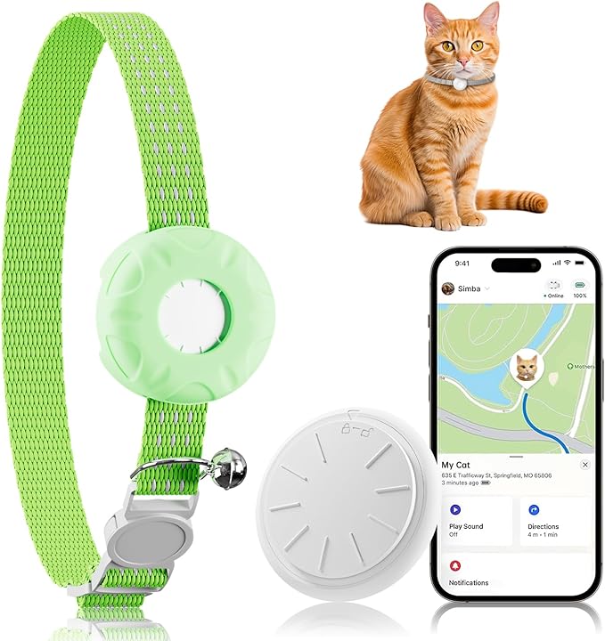 GPS Tracker for Cats, Cat Tracker, Compatible with Apple Find My App (Only iOS), No Monthly Fee, Waterproof, Breakaway Collar Included(White Tracker, Green Cat Collar)