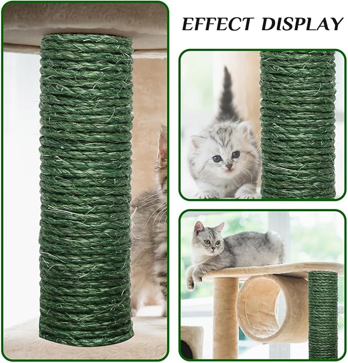 Green Sisal Rope 1/4 Inch by 65-Feet for Cat Scratching Post Tree Tower Replacement Repair and Replace, DIY Hemp Twine Rope for Kittens Shelves Scratch Mat Window Bed Perch Climbing, 6mm by 20m