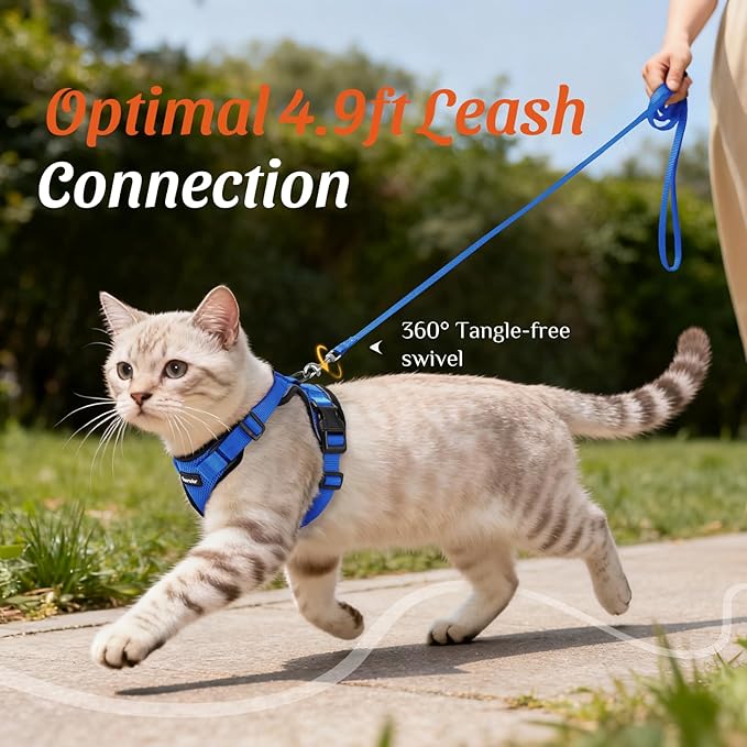 Dooradar Cat Harness and Leash Set, Escape Proof Safe Adjustable Kitten Vest Harnesses for Walking, Easy Control Soft Breathable Mesh Jacket with Reflective Strips for Cats, Blue, M