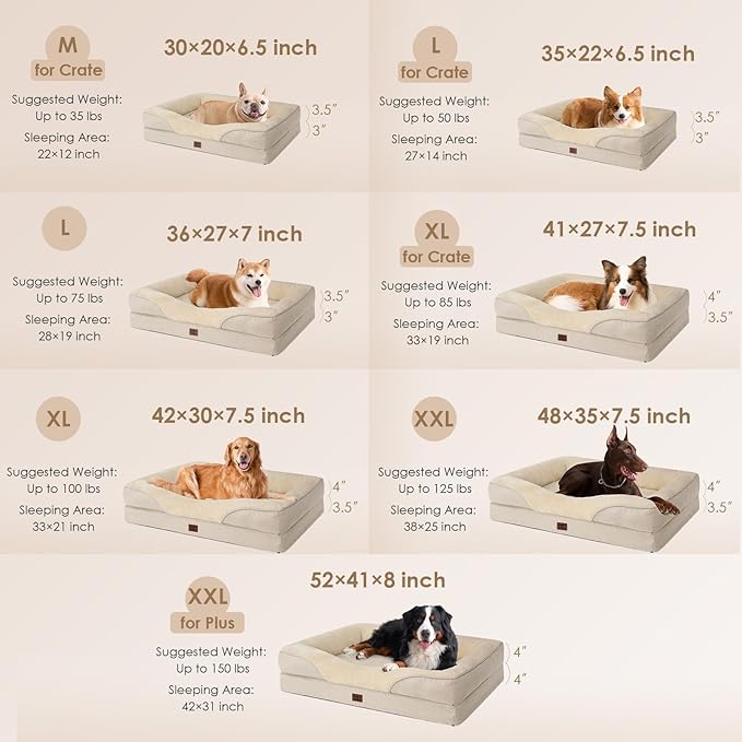 EHEYCIGA Orthopedic XL Dog Bed for Large Sized Dog, 42x30x7.5 Inch Extra Large Memory Foam Dog Couch Bed with Sides, Waterproof Liner & Washable Removable Cover, Bolster Pet Sofa, Beige