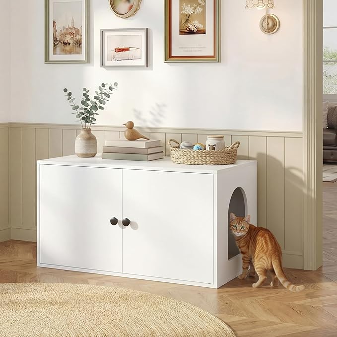 HOOBRO Cat Litter Box Enclosure, Hidden Litter Box Furniture with Side Entry, Litter Box Cabinet, Indoor Cat House, End Side Table, 31.5"L x 17.7"W x 16.3"H, for Living Room, Bathroom, White WT40MW01