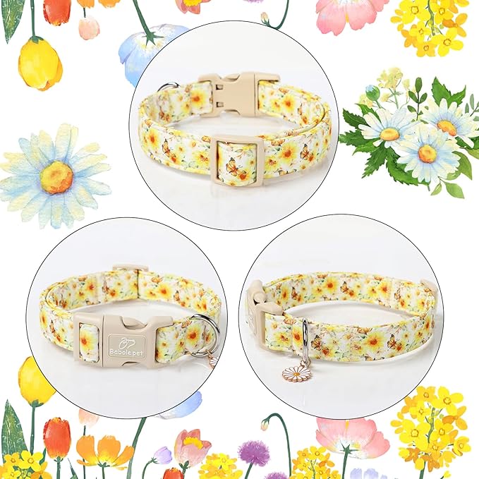 Adjustable Floral Dog Collar, Yellow Sunflower&Butterfly Dog Collars for Giant Large Dogs, Lightweight Quick-Release Buckle Collar for Boy&Girl Dogs XL