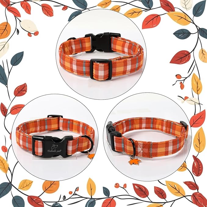 Fall Dog Collar Cute Orange Plaid Puppy Collar - Light Comfortable Adjustable Pet Collars for Small Medium Large Girl Boy Dogs S
