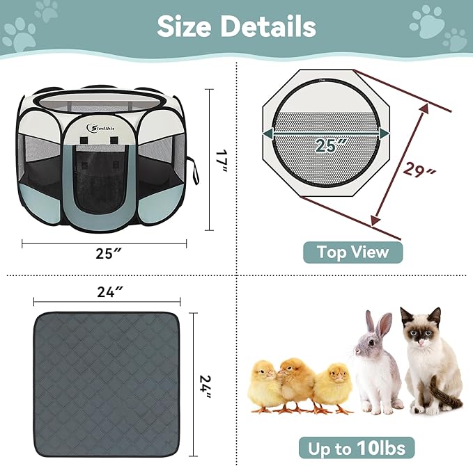 Dog Playpen with 2 Washable Pee Pad, Puppy Pet Cat Playpen Small AnimalsTent Crate Indoor/Outdoor, Portable Pop Up Kennel with Carrying Case(Grey with 2 Pads, Small)