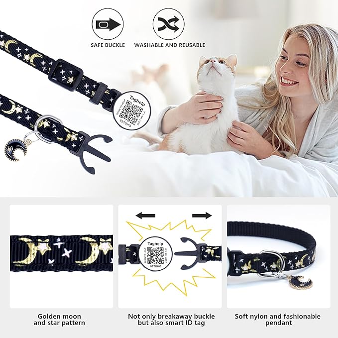 Breakaway Cat Collar with QR Code ID & Modifiable Profile, Upgraded Reflective Safety Collar - Free Lifetime Replacement, Adjustable Nylon, Star Moon Design (Blue)