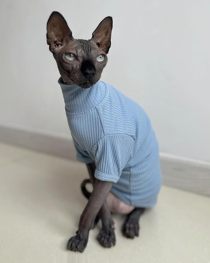 Sphynx Hairless Cats Shirt Cotton Cat Turtleneck Sweater Pullover Kitten T-Shirts with Sleeves Cat Pajamas Jumpsuit for Sphynx Cornish Rex, Devon Rex, Peterbald (Large (Pack of 1), Sky Blue)