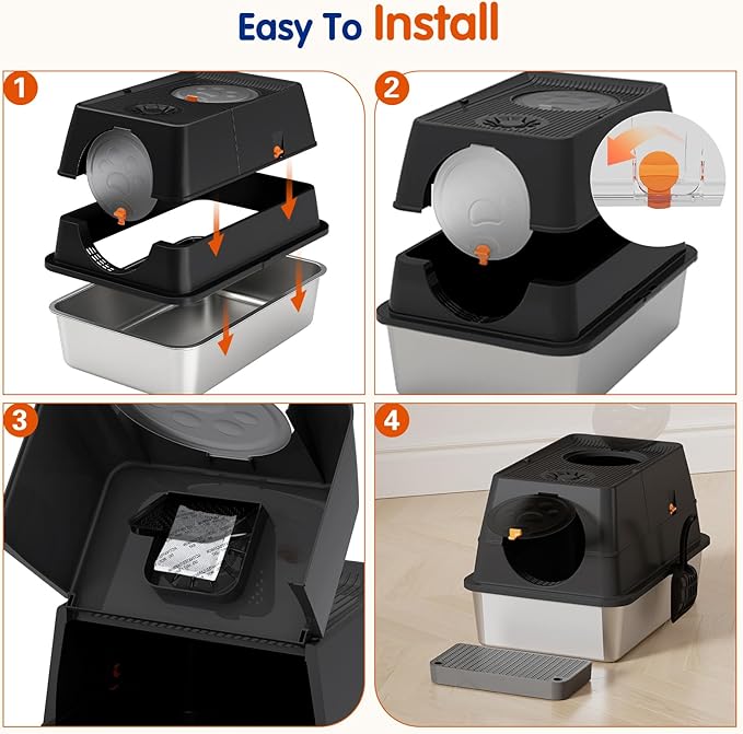 Stainless Steel Litter Box with Lid, XL Extra Large Cat Litter Box Enclosure, Front & Top Entry Covered Metal Cat Box with Steps & Scoop, Easy Cleaning