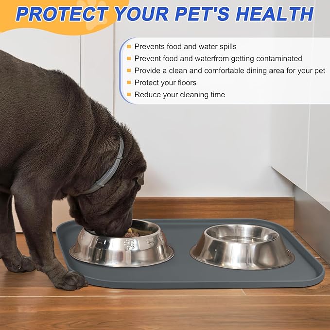 Silicone Pet Feeding Mat with Raised Edge for Food and Water, Dog Bowl Mats, Cat Bowls Placemat with High Lip for Floor Waterproof, Rubber Tray for Cats and Dogs 24 x 16 x 0.8 Dark Grey