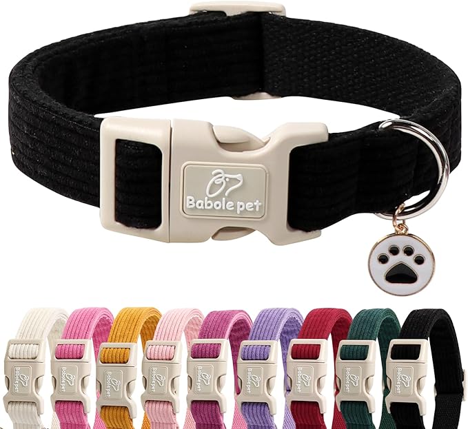 Cute Corduroy Dog Collar - Black Adjustable Dog Collars for Large Dogs 50-80lbs, Fade-Proof with Secure Snap & Little Charm, Christmas Birthday Gift, L