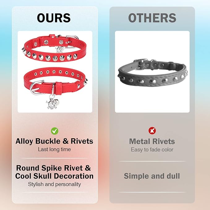 Leather Cat Collars for Boy Girl Cats with Bell and Safety Elastic Belt, Personalized Rivets Stud Adjustable Safe Buckle Collar with Skull Charm for Kitty Small Pets, Red