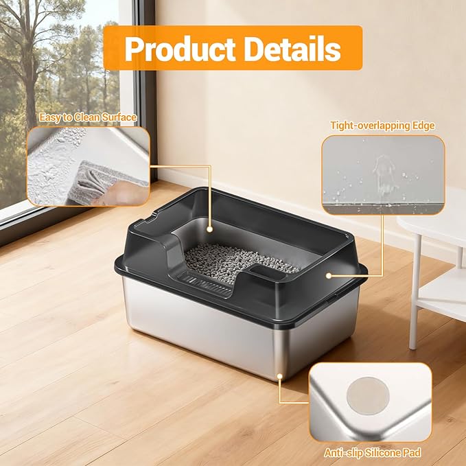 Stainless Steel Litter Box, XL Enclosed Cat Litter Boxes with Lid for Big Cats and Multi-Cats, High Sided, Anti-Urine Leakage Non-Stick Bottom Include Scoop Easy to Clean