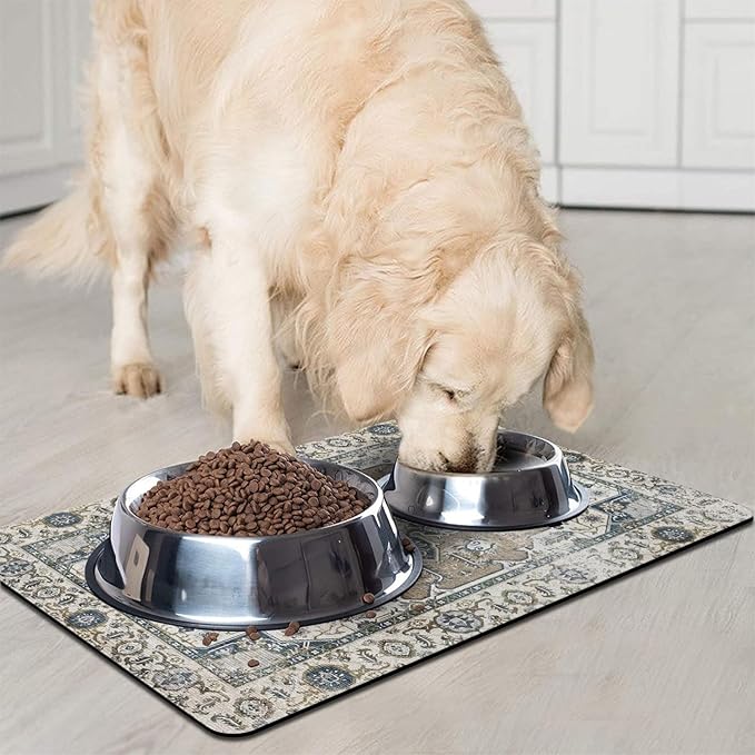 Dog Food Mats for Floors, Absorbent and Quick-Drying Pet Cat Food Mat,Anti-Fouling and Easy-to-Clean Pet Feeding Mat,Dog Bowl Mat for Messy Drinking Water Bowls.12 x20, Bohemia Style