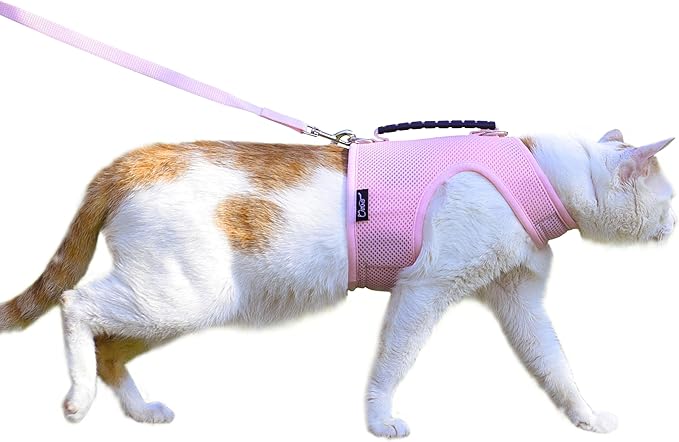 Cat Harness and Leash for Walking Escape Proof Breathable Mesh Fabric, Solid Pink, Medium, Adjustable Cat Walking Jackets with Handle, Padded Stylish Cat Vest