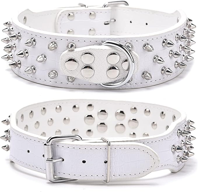 Serijoars Spiked Studded Dog Collar, PU Leather Dog Collar, Adjustable Pet Collars for Medium or Large Breed Pet (M, White1)