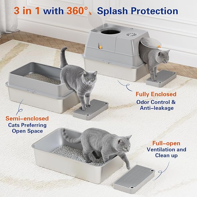 Stainless Steel Litter Box with Lid, XL Extra Large Cat Litter Box Enclosure, Front & Top Entry Covered Metal Cat Box with Steps & Scoop, Easy Cleaning