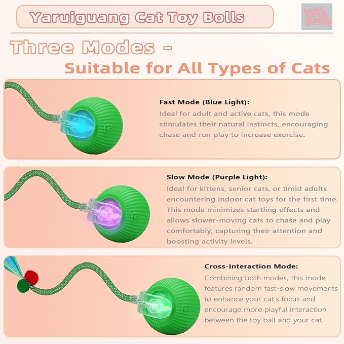 New Upgraded Cat Ball Toy - Speedy Tail 3.0 Cat Toy, Interactive Cat Toy Ball, Stimulating Toys and Juguetes para Gatos, Cat Toys for Bored Indoor（Sound Switchable） (Green)