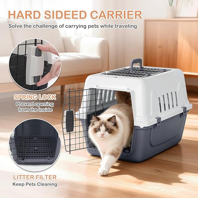 MoNiBloom 22-Inch Dog Crate Plastic 2-Door Top Loading Cat Carrier, Hard-Sided Dog Travel Carrier for Small Dogs and Cats, Ventilation and Security Lock Design for Pets up to 22 lbs (Grey)
