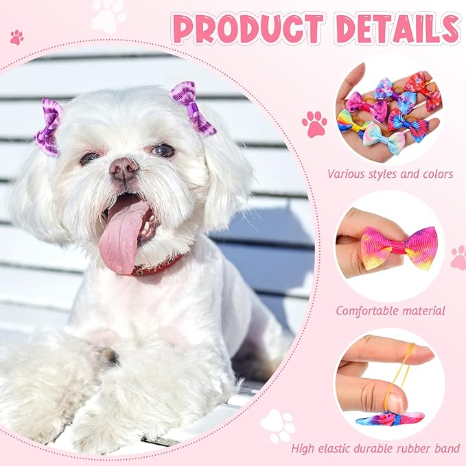 60 Pcs Cute Puppy Dog Hair Bows Small Bowknot Hair Bows with Rubber Bands Handmade Knot Accessories Pet Grooming Products for Holiday Birthday Gift(Tie Dye)