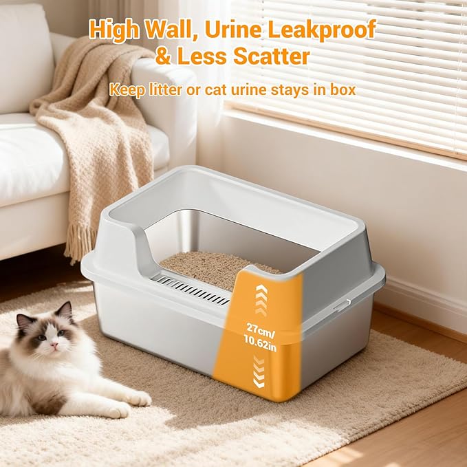 Stainless Steel Litter Box, XL Enclosed Cat Litter Boxes with Lid for Big Cats and Multi-Cats, High Sided, Anti-Urine Leakage Non-Stick Bottom Include Scoop Easy to Clean